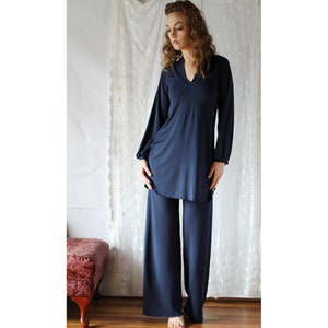 Bamboo Pajama Loungewear Set, Natural Sleepwear with Long Sleeved Tunic and Palazzo Pants, Womens Pyjama, Wide Leg Pants, Made to Order image 4