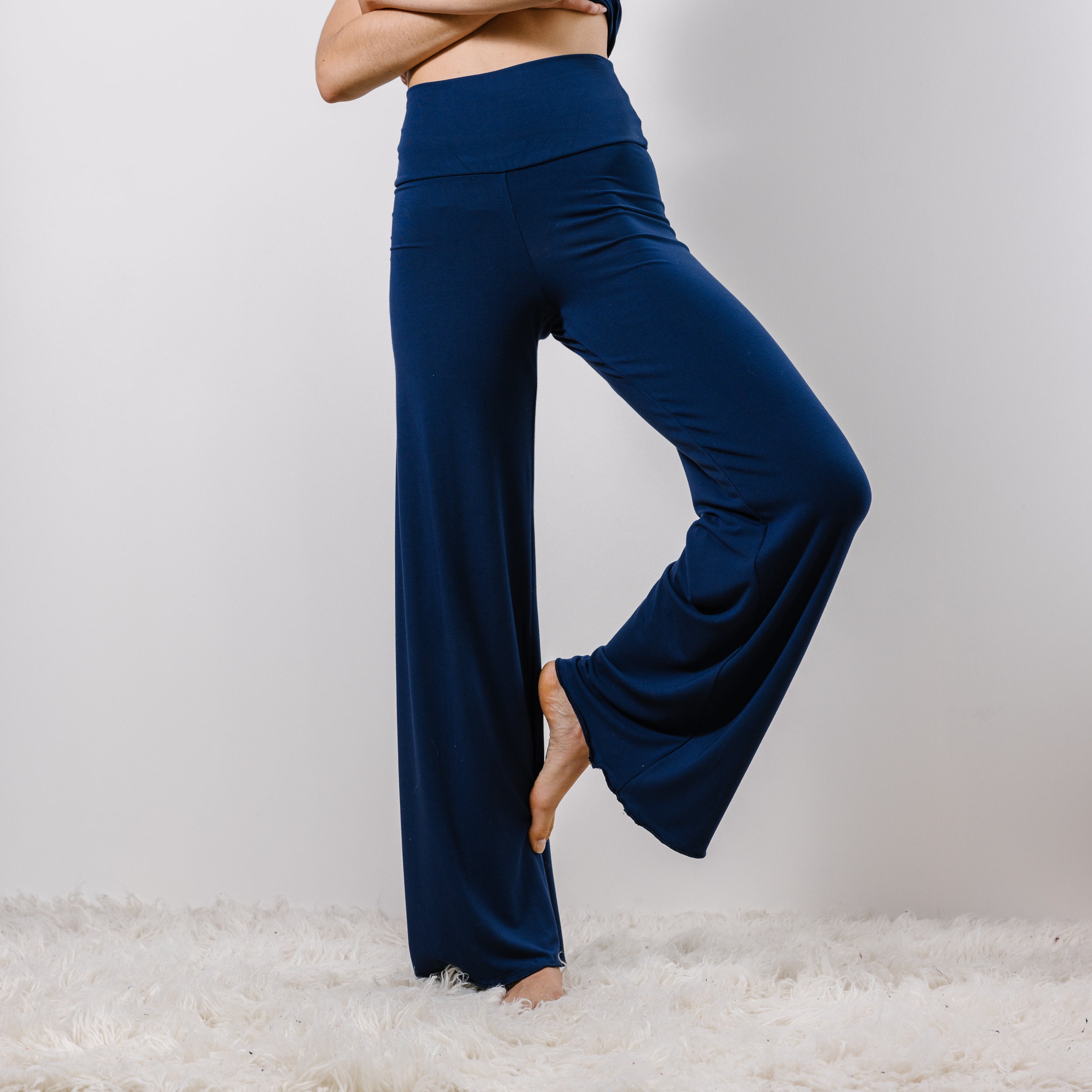 Alignment Petite Soft Rib High Waist Wide Leg Fold Over Trousers in Soft  Blue