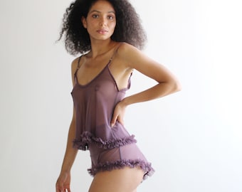Sheer lingerie set including cropped ruffled camisole and high waisted tap pants, 2 Piece Set, made to order