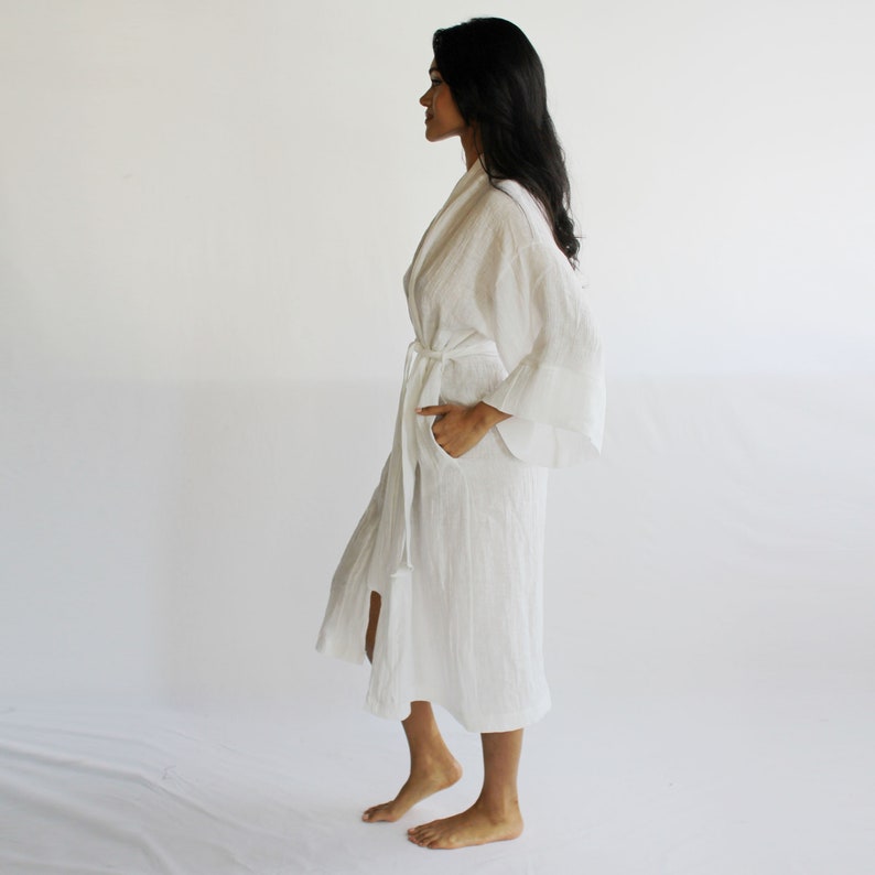 Linen Kimono Robe with Pockets, Womens Linen Pajamas, Midi Robe, Made To Order, Made in the USA image 4