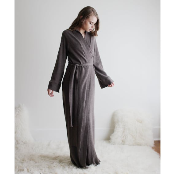 Solid Ribbed Night Robe 3/4 Long Sleeve V Neck Robe Belt - Temu New Zealand