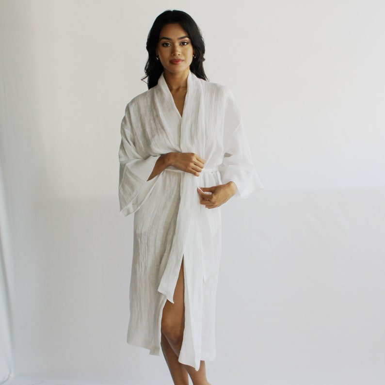 Linen Kimono Robe with Pockets, Womens Linen Pajamas, Midi Robe, Made To Order, Made in the USA image 1