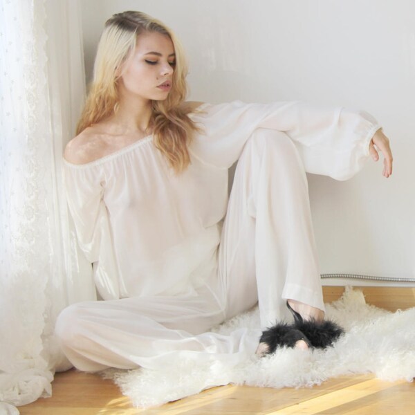 sheer silk pajama chemise with long bishop sleeves - BROOK silk chiffon bridal lingerie and sleepwear range - made to order