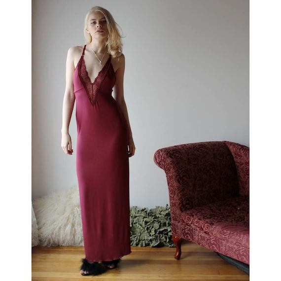 Long Bamboo Nightgown Romantic Chemise Natural Sleepwear Red Gown Plunging Neckline Lace Trim Ready to Ship Made in the USA Etsy UK