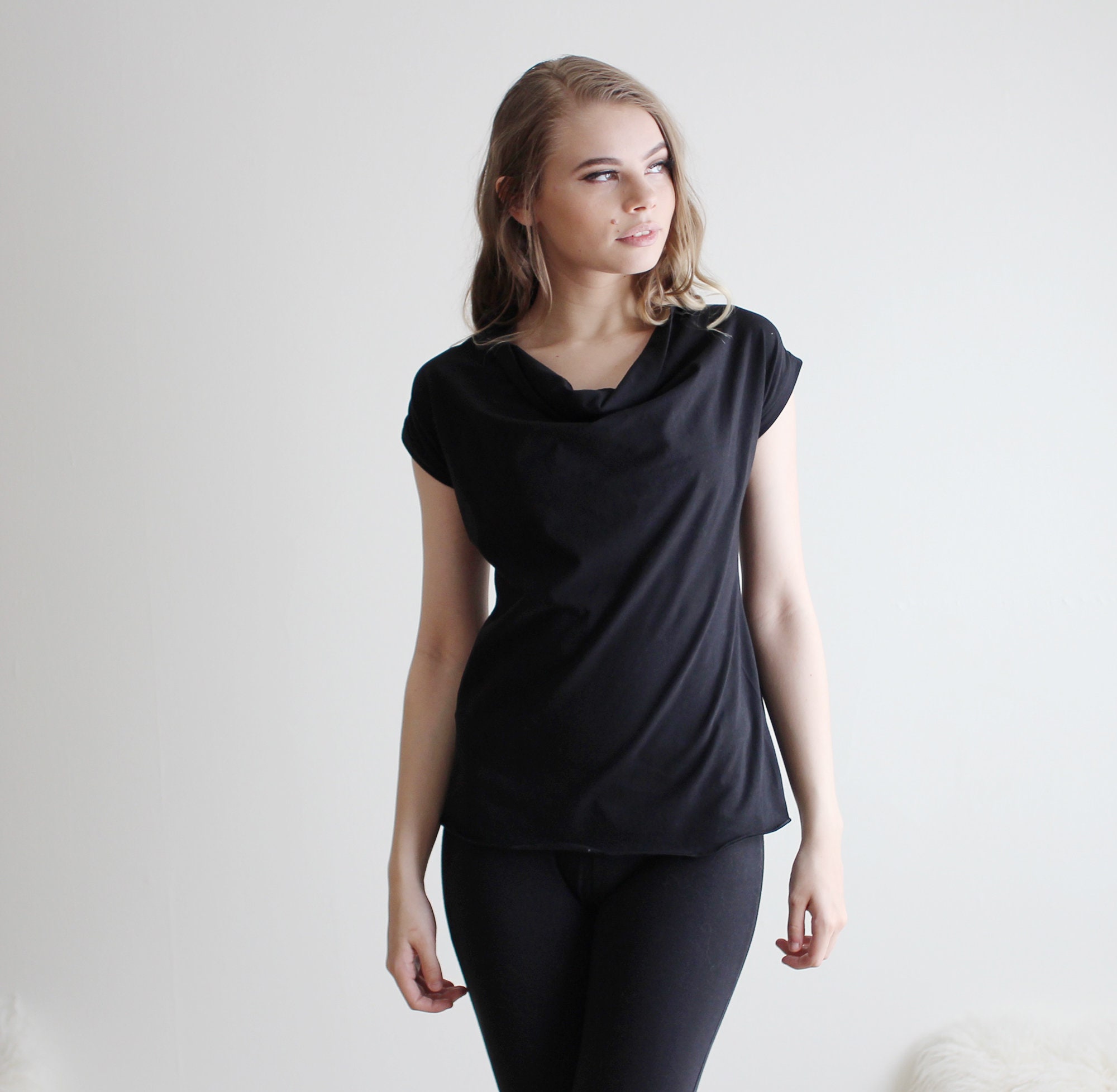 Organic Cotton T Shirt Drape Neck T Oversized shirt Black | Etsy