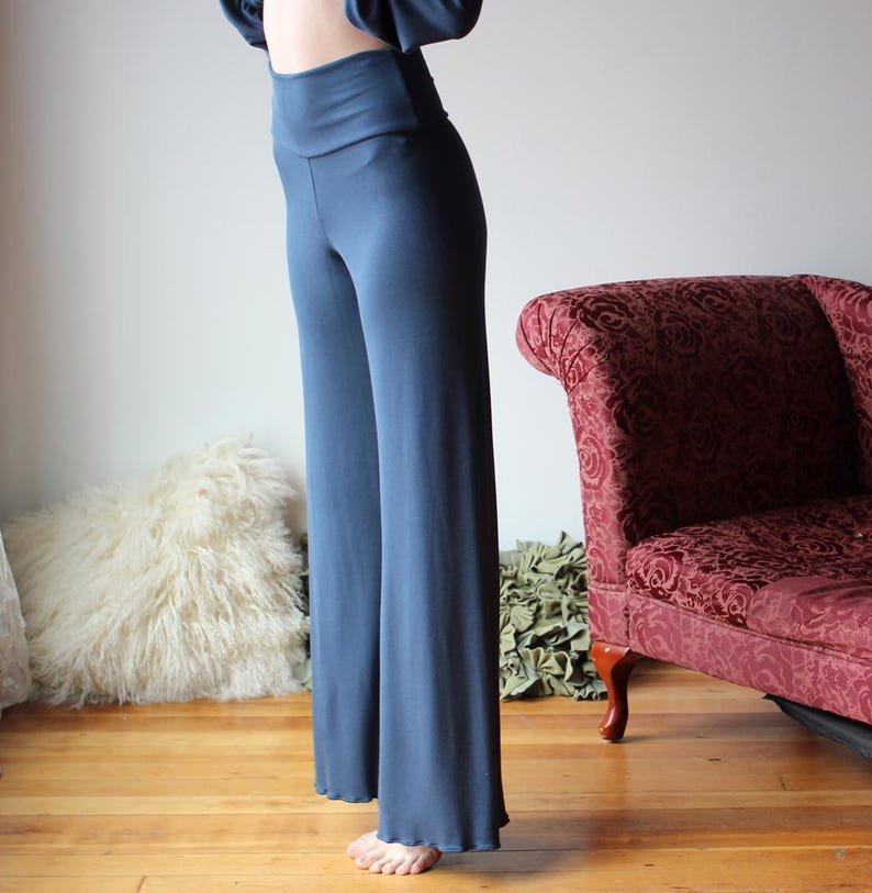 Bambus Lounge-Hose mit weitem Bein: Foldover Taille, hergestellt in den USA, Made to Order Midnight Blue