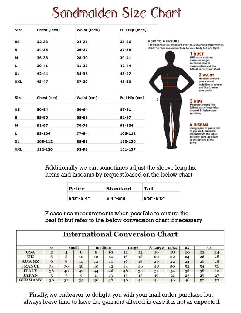 May include: A size chart for women's clothing with measurements in inches and centimetres. The chart includes bust, waist, and hip measurements for sizes XS to XXL. It also includes a diagram showing how to measure each body part.