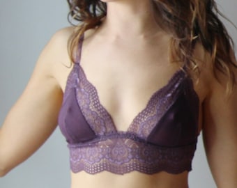 Lace Bralette, Mesh Lingerie, Triangle Bra, Purple Bra, Handmade in the USA, Ready to Ship, Various Sizes, Lavender