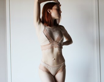 Ensemble de lingerie avec bordure en dentelle en tencel et coton biologique, lingerie nude, sous-vêtements biologiques, sur commande, fabriqué aux États-Unis