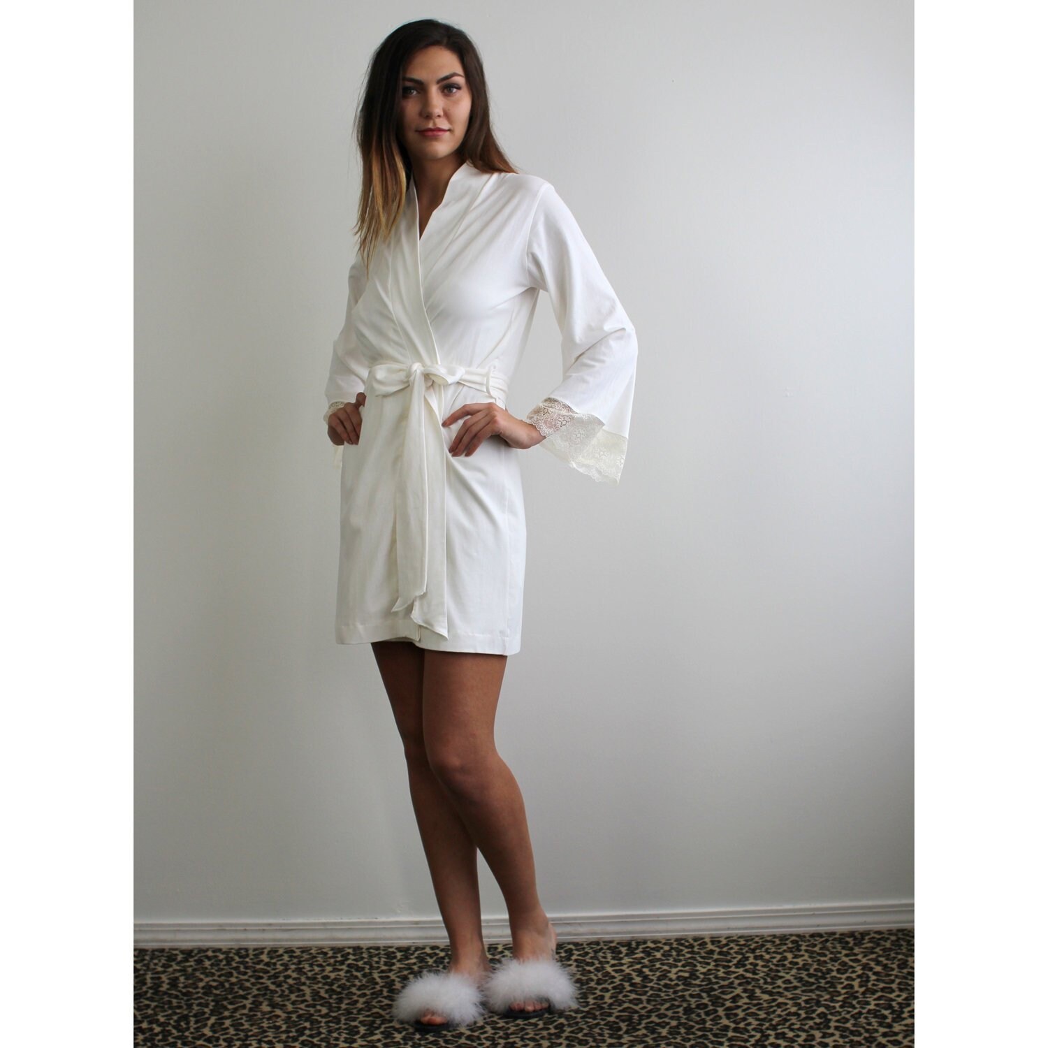 womens organic cotton short robe with lace trimmed sleeves Etsy