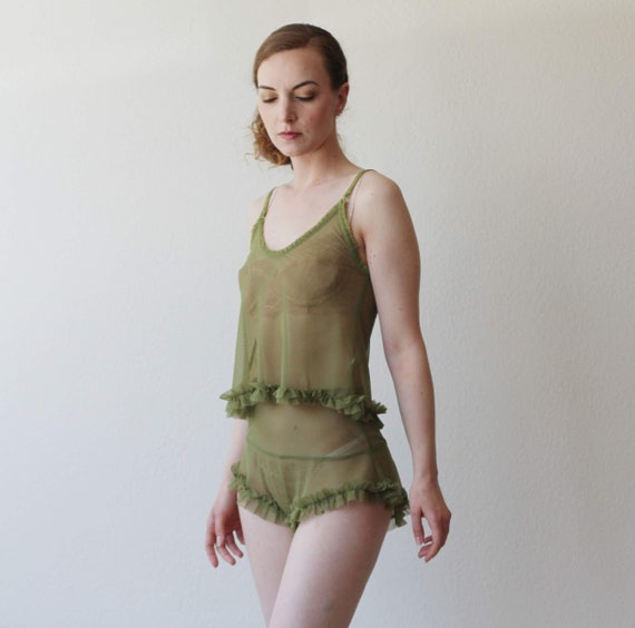 2 Piece Sheer Lingerie Set Including Cropped Ruffled Camisole and High  Waisted Tap Pants, Made to Order -  Canada