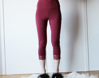 Leggings capri en tencel et coton bio avec bordure en dentelle, pantalon rabattable, pantalon de yoga, sur commande, fabriqué aux États-Unis