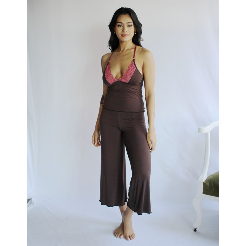 Lingerie Pajama Set including Bamboo Cropped Wide Leg Foldover Pants and a lace trimmed Camisole, Made to Order, Made in the USA image 4