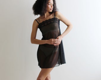 sheer nightgown chemise with lace trim, mesh lingerie, ready to ship, Various Sizes, Black