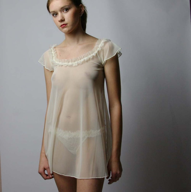 womens sheer nightgown with ruffled neckline, Ivory Chemise, Bridal Lingerie, Ready to Ship, Various Sizes image 2