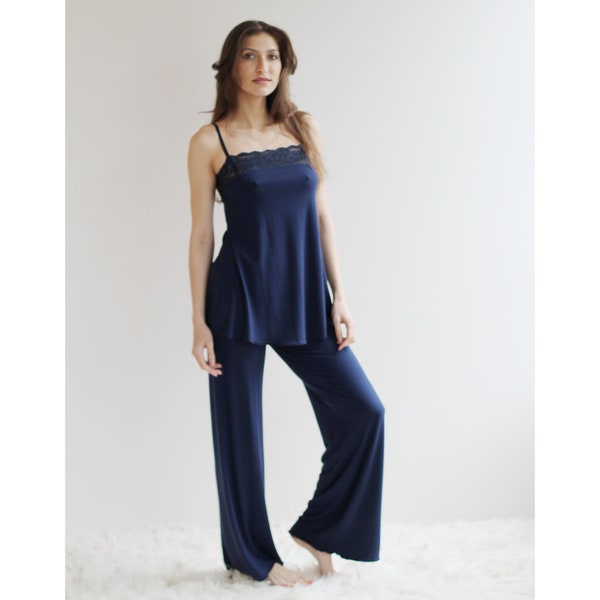 Two piece pajama set, Bamboo Wide Leg Foldover Pants and Lace trimmed Babydoll Camisole, Cathedral bamboo sleepwear range - made to order