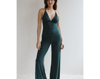 Womens Bamboo Pajama Set including Wide Leg Foldover Pants and a lace trimmed Camisole, Cathedral bamboo sleepwear range - made to order