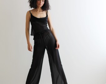 Sheer Silk Pajama Set with Draped Camisole and Palazzo leg Pants, Genuine Silk, Sheer Lingerie - made to order