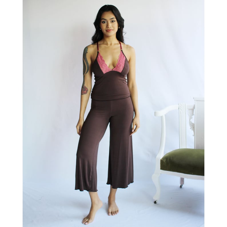 Lingerie Pajama Set including Bamboo Cropped Wide Leg Foldover Pants and a lace trimmed Camisole, Made to Order, Made in the USA image 5