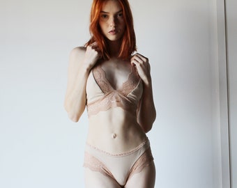 Lingerie Set with Lace Trim in Tencel and Organic Cotton,  Nude Lingerie, Organic Underwear, Made to Order, Made in the USA