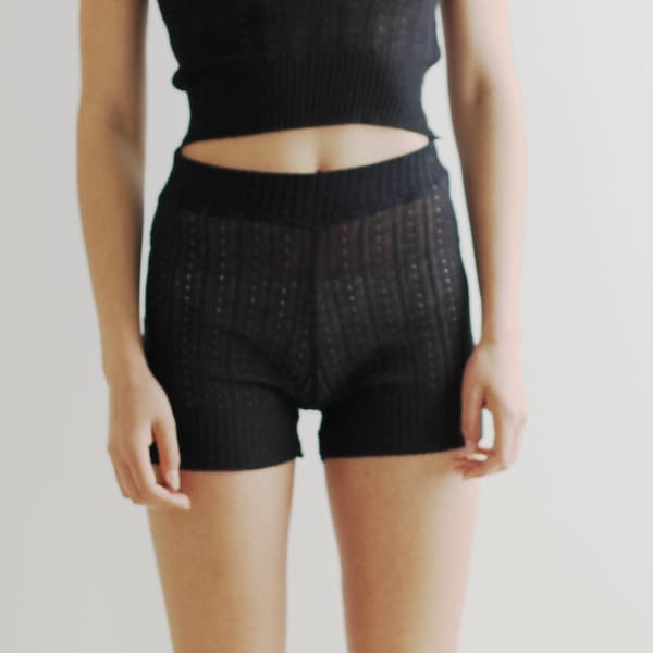 silk tap pant shorts in sheer pointelle cable knit lace - Ready to Ship, Various Sizes, Black