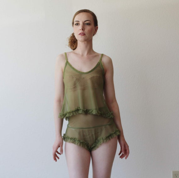 2 Piece Sheer Lingerie Set Including Cropped Ruffled Camisole and High  Waisted Tap Pants, Made to Order 