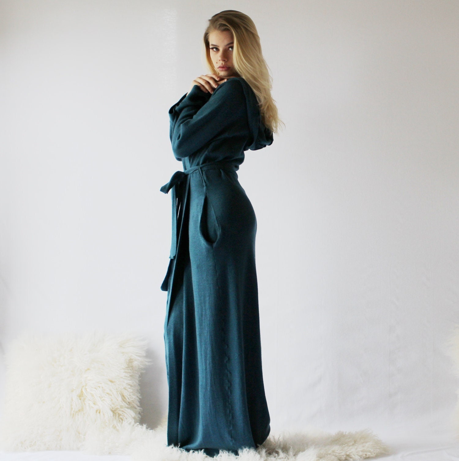 Womens Merino Wool Robe Full Length Robe With Pockets