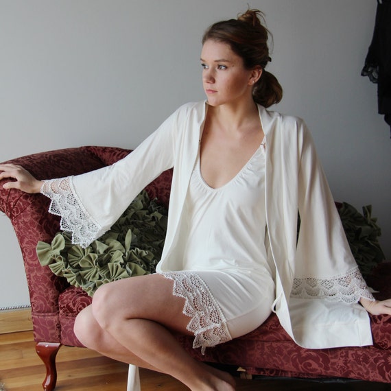 Bridal Robe in Organic Cotton With Cotton Lace Trim Sleeve Etsy