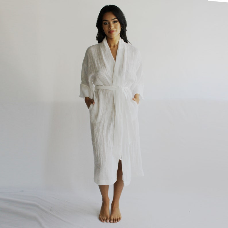 Linen Kimono Robe with Pockets, Womens Linen Pajamas, Midi Robe, Made To Order, Made in the USA image 3