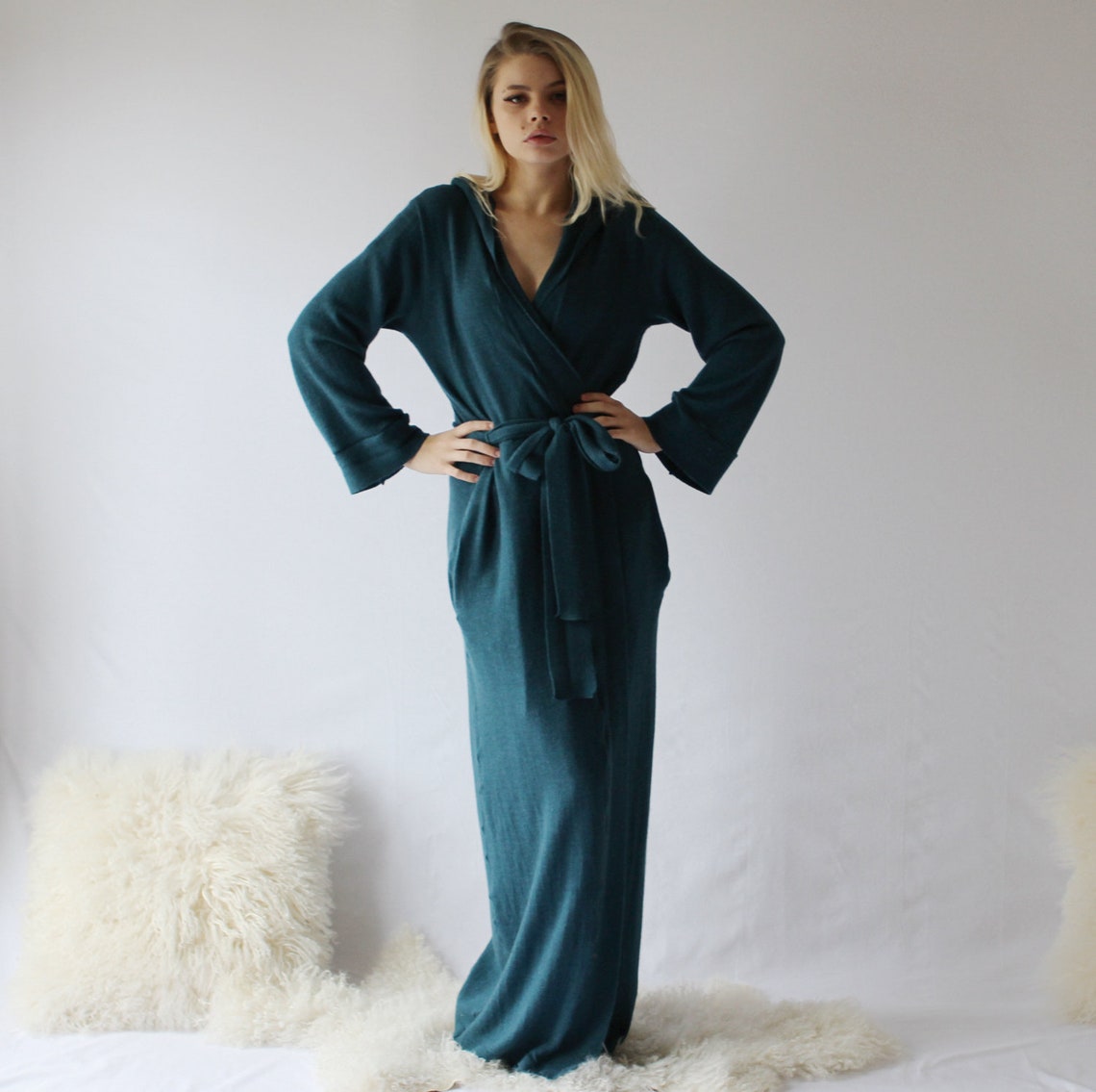 Womens Long Merino Wool Robe with Pockets and Hood Warm Robe Etsy