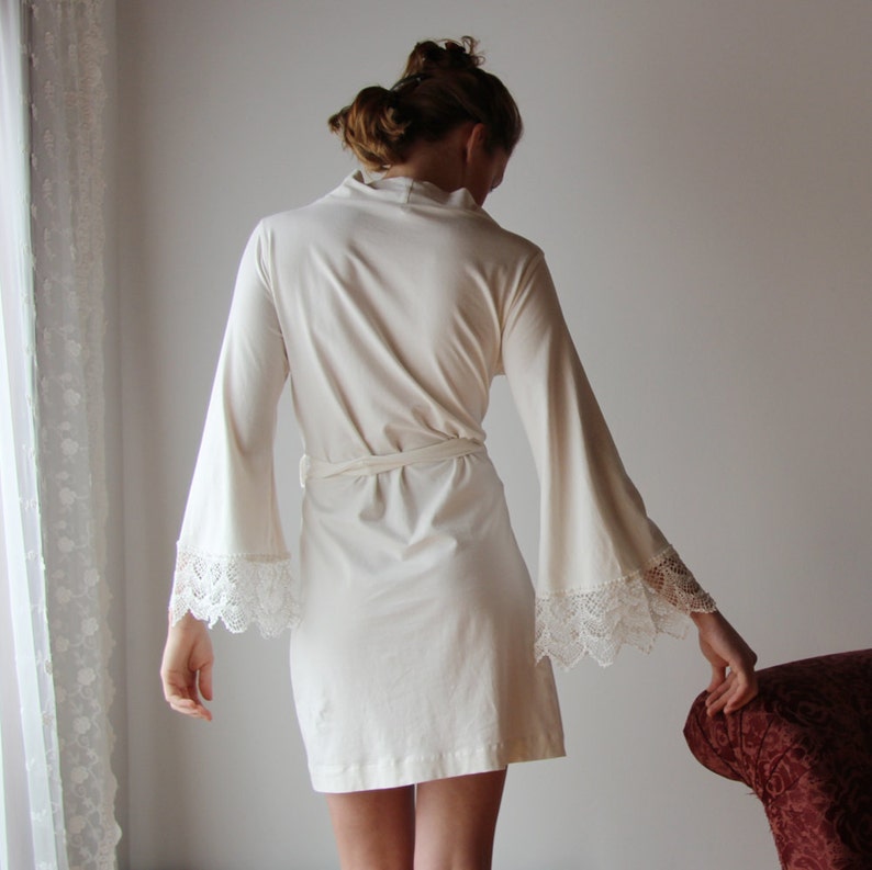 Bridal Robe in Organic Cotton With Cotton Lace Trim Sleeve Etsy