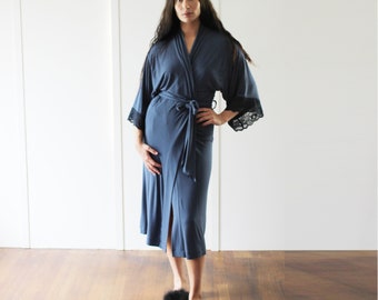 Womens Kimono Robe with Lace Sleeve Cuff, Midi Length Bamboo Robe with Kimono Sleeve, Bamboo Pajamas, made to order, made in the USA