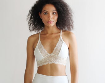 Organic Cotton Bralette with Lace Trim, Organic Underwear, Natural Pajamas, Organic Sleepwear, Ready to Ship, White, Various Sizes