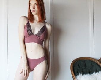 Organic Cotton Underwear Set with Lace Trim,  Pink Lingerie, Organic Underwear, Made to Order, Made in the USA, Handmade