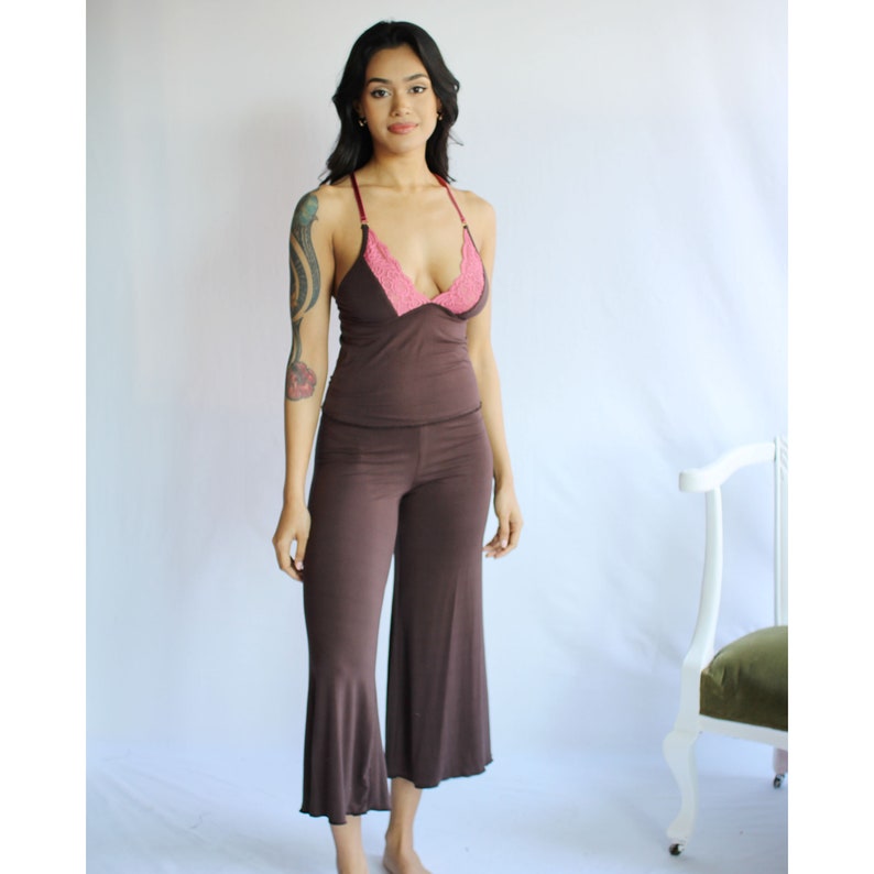 Lingerie Pajama Set including Bamboo Cropped Wide Leg Foldover Pants and a lace trimmed Camisole, Made to Order, Made in the USA image 3