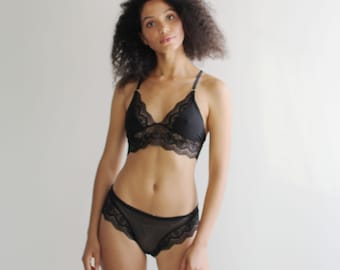 womens lace lingerie set including the full back panty and sheer mesh lace trimmed triangle cups - made to order