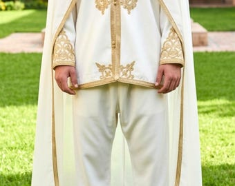Moroccan Caftan set 3 piece traditional outfit with selham, pants and tunic for Boys & Men. Traditional Moroccan 3-piece outfit.