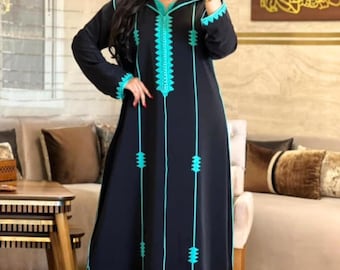 2 piece luxury Moroccan djellaba for women, traditional embroidered kaftan, elegant handmade modest dress.