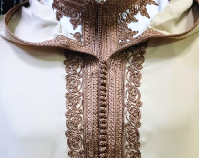 Featured listing image: 2 piece luxury Moroccan men's djellaba, Handcrafted beige djellaba with brown embroidery and white embroidered shirt.