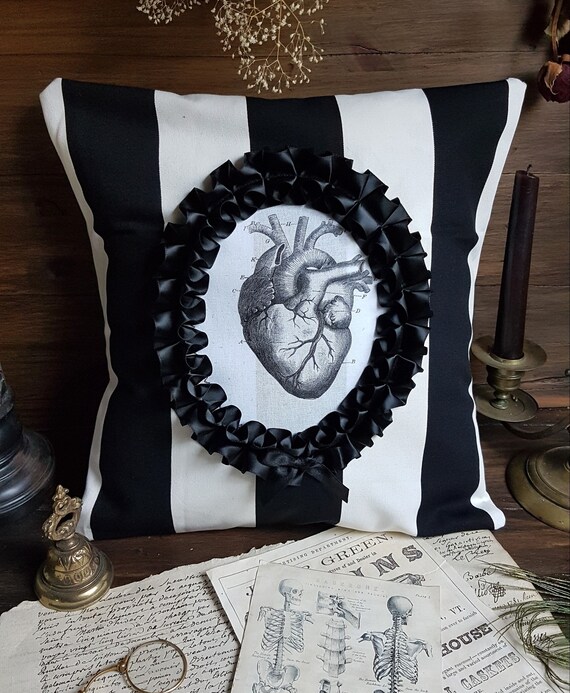 Anatomical Heart Cameo Throw Pillow Gothic Victorian Goth Cushion Black Stripes Macabre Gothic Home Decor Halloween Decoration