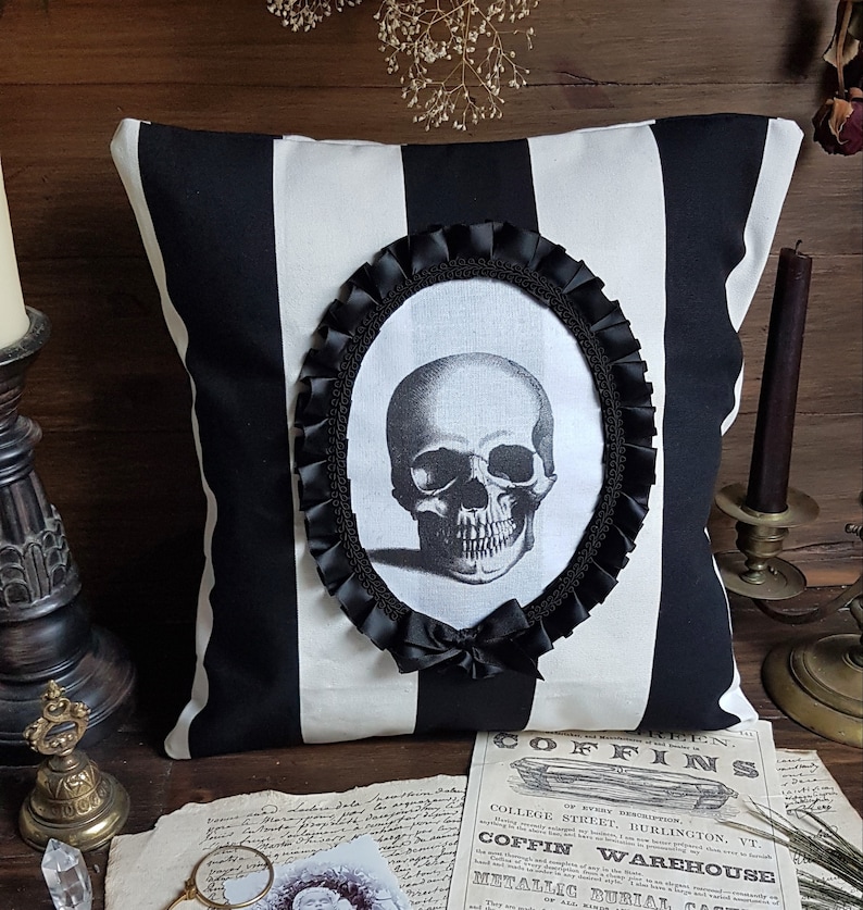 Striped skull throw pillow gothic Pillow with stripes, floral, lace and