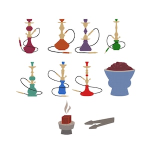 May include: A collection of colorful hookah pipes in various designs, including red, orange, purple, and green. Also shown are a bowl of shisha, a charcoal cube, and tongs, all on a white background.