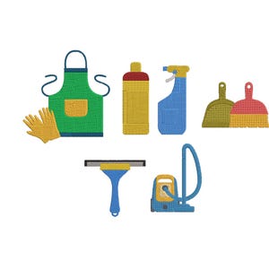May include: A collection of cleaning supplies including a green apron, yellow gloves, a yellow bottle with a red top, a blue spray bottle, two dustpans with brushes, a blue window squeegee, and a blue vacuum cleaner.