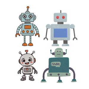 May include: Four embroidered robot designs in various colours. The robots have different shapes and features, including antennas, eyes, and body designs. The robots are in shades of blue, orange, grey, and green, with a white background.