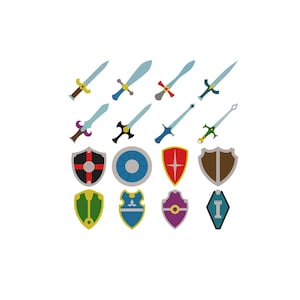 Könnte beinhalten: Eine Sammlung von acht stilisierten Schwertern und acht Schilden, die in einem Raster angeordnet sind. Die Schwerter weisen verschiedene Klingenformen und Griffdesigns in Farben wie Blau, Gelb, Rot und Violett auf. Die Schilde zeigen diverse Muster.