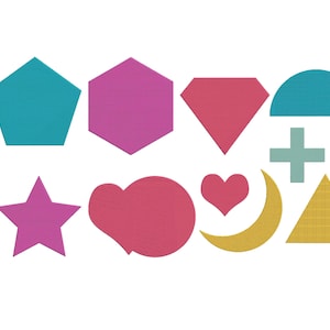 Puede incluir: Una colección de formas geométricas coloridas: un pentágono turquesa, un hexágono magenta, un diamante rojo, un semicírculo turquesa, una estrella magenta, una nube roja, un corazón rojo, una luna creciente dorada, un signo más verde y un triángulo amarillo.