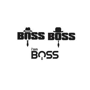 Puede incluir: Un diseño gráfico negro que presenta la palabra BOSS dos veces, con la primera O reemplazada por un sombrero fedora y corbata, y la segunda O por un bombín y corbata. Debajo, el texto i'am BOSS aparece con una corbata reemplazando la letra O.
