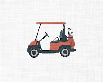 May include: A red golf cart with a black steering wheel and black wheels. The cart has a black golf bag with golf clubs sticking out of the top.