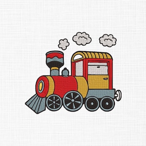 Pode incluir: Uma ilustração de desenho animado de um comboio de brinquedo vermelho e amarelo com rodas pretas e fumo cinzento. O comboio tem uma chaminé e uma janela.