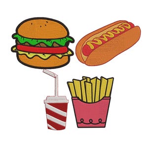 Fast Food Bundle Embroidery, Food Embroidery Files, Burger Embroidery, Fries Embroidery, Hot Dog Embroidery, Cold Drink Embroidery, 6 Sizes